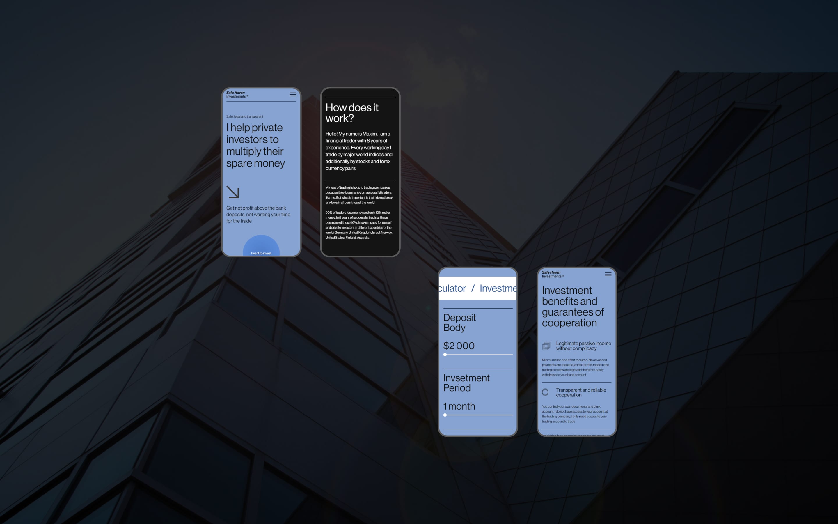 Four mobile screens of the investment site over a skyscraper