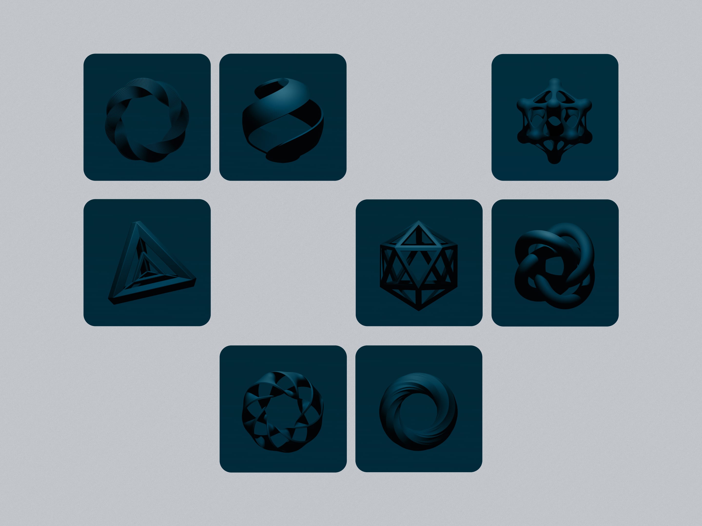 Set of abstract dark-teal 3D shapes on rounded tiles