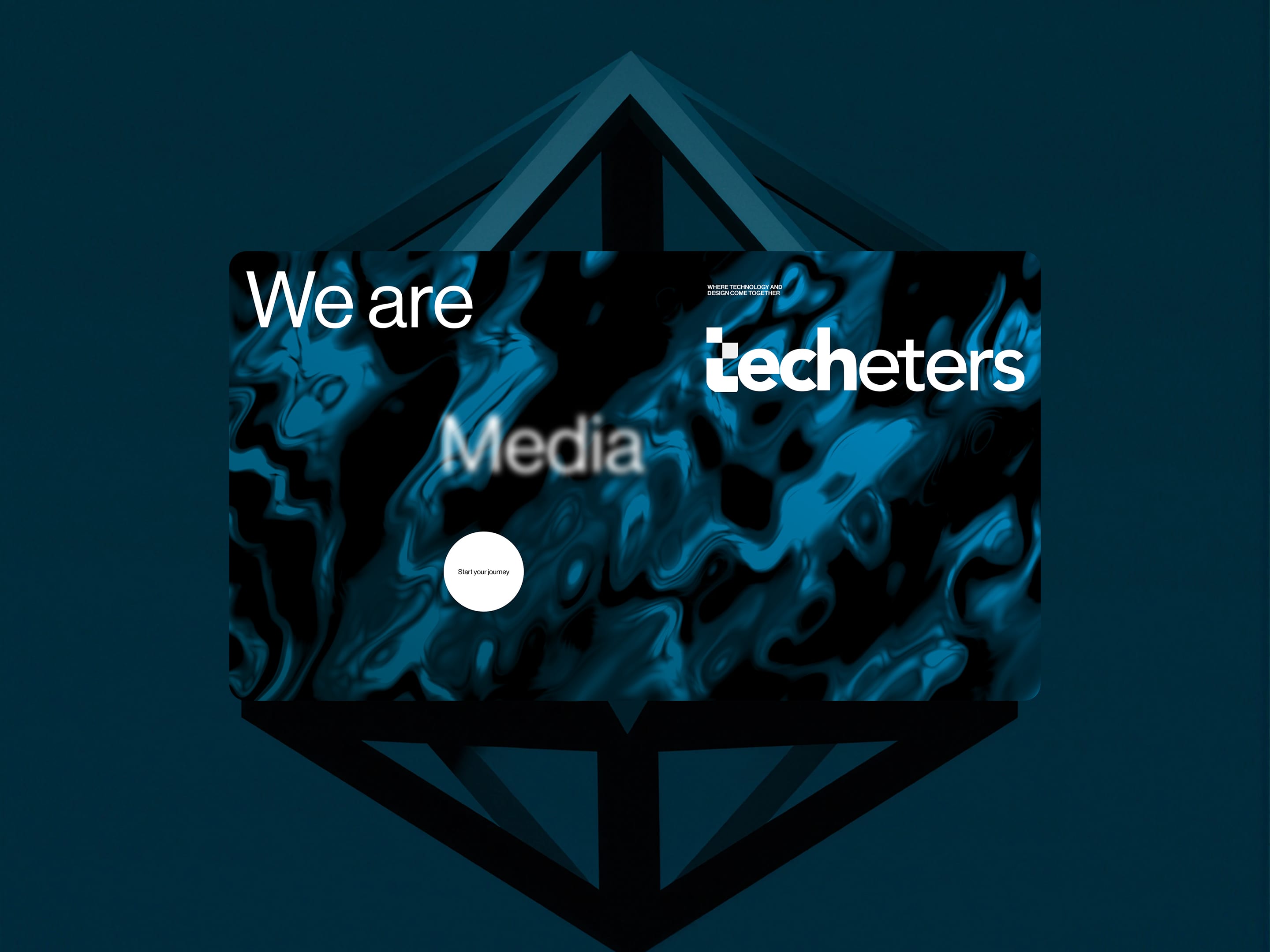 Techeters homepage hero with dark liquid-marble background and octahedron frame