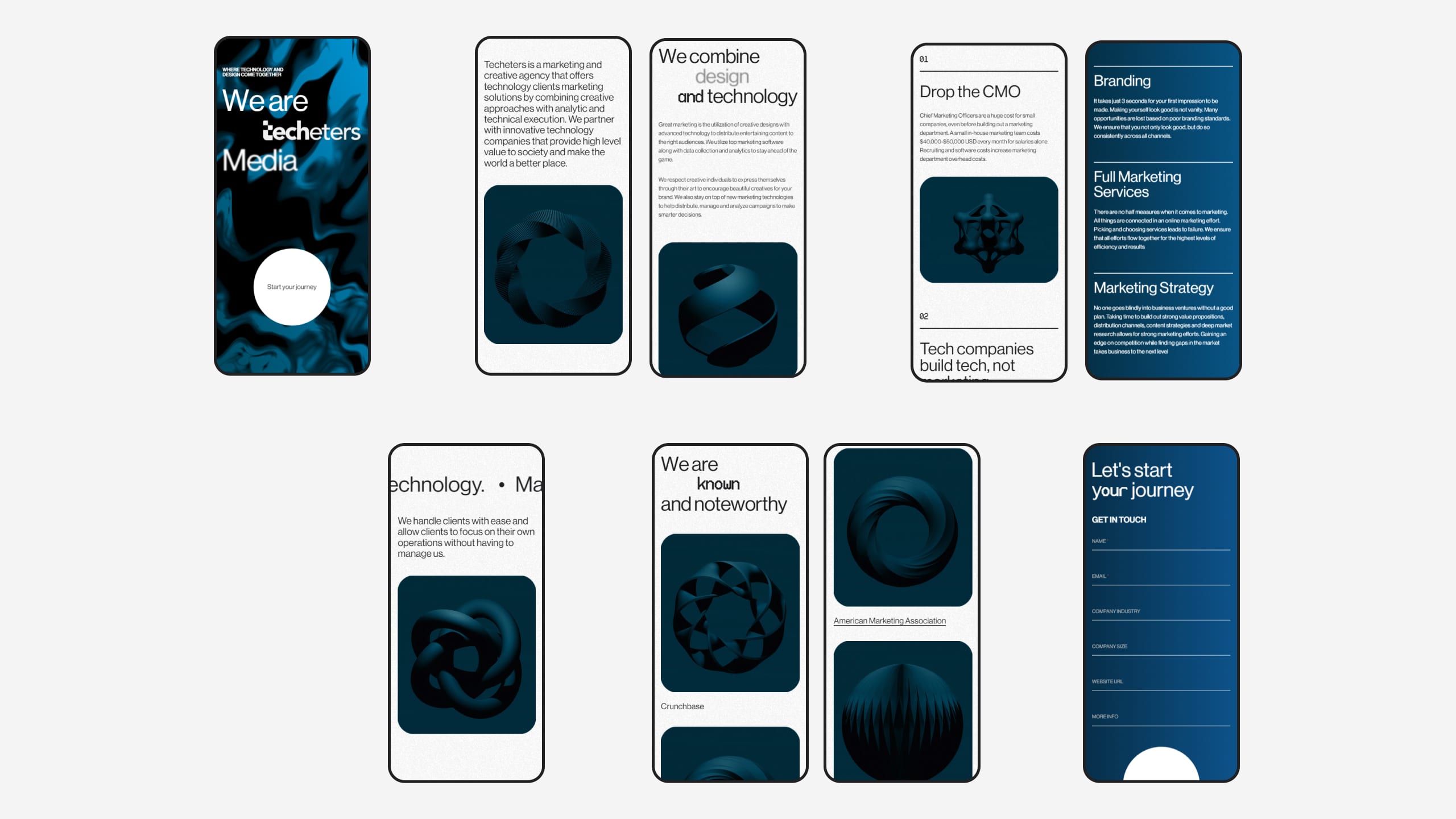 Mobile screens with abstract 3D shapes and marketing service copy